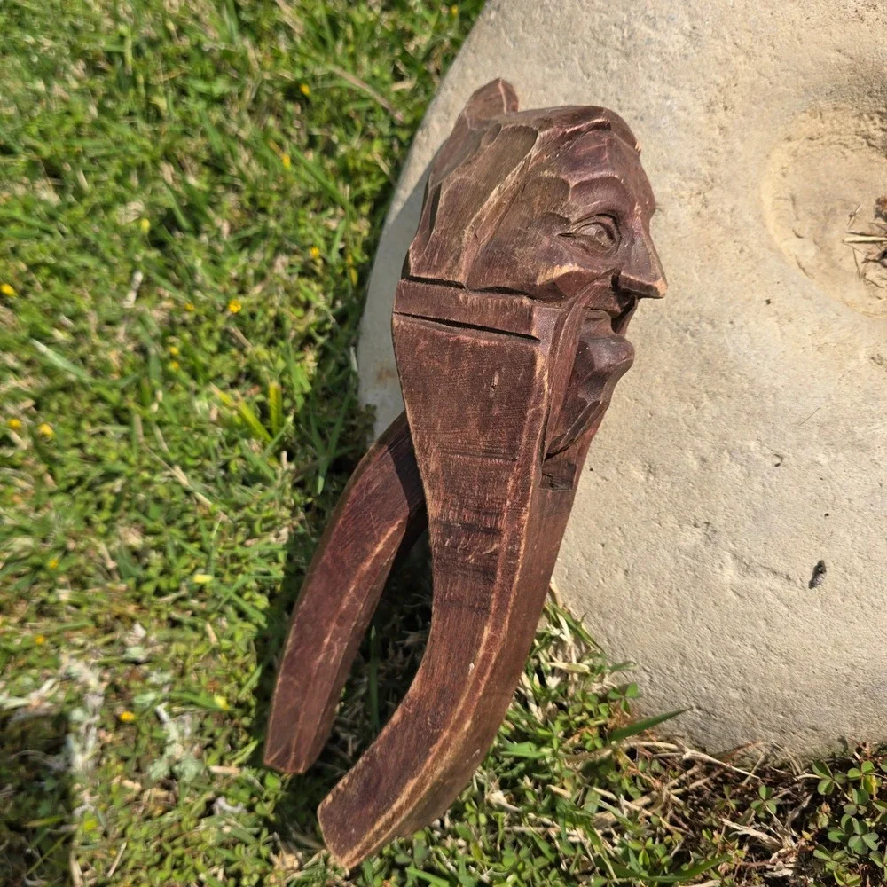 Vintage Hand Carved Wooden Nutcracker Man Face Folk Art Rustic Decor Brown